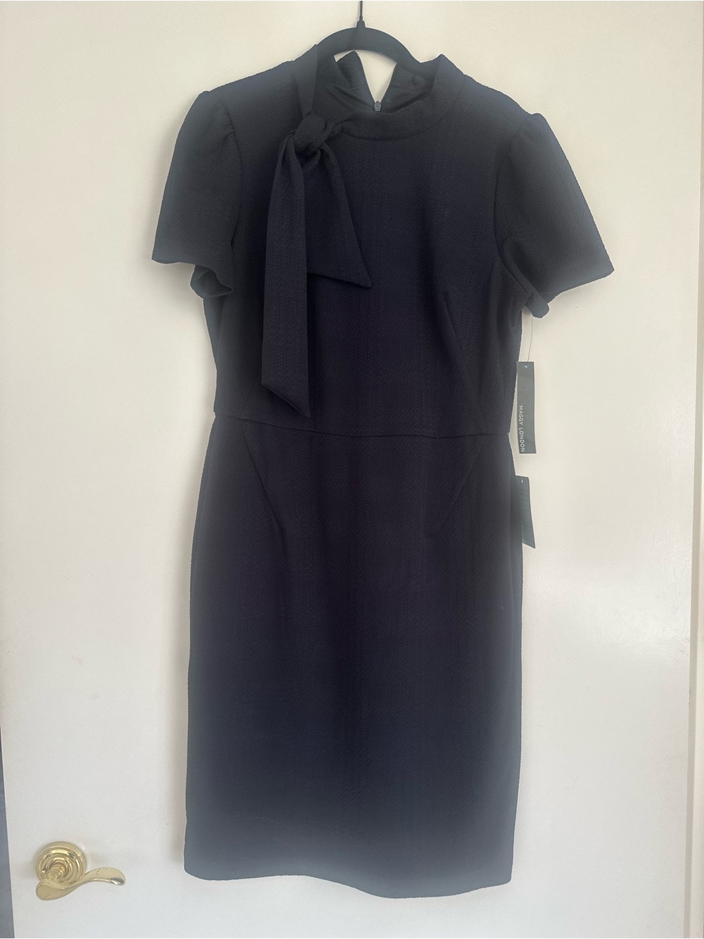 Navy Tie-Neck Short Sleeve Sheath Dress by Maggie London